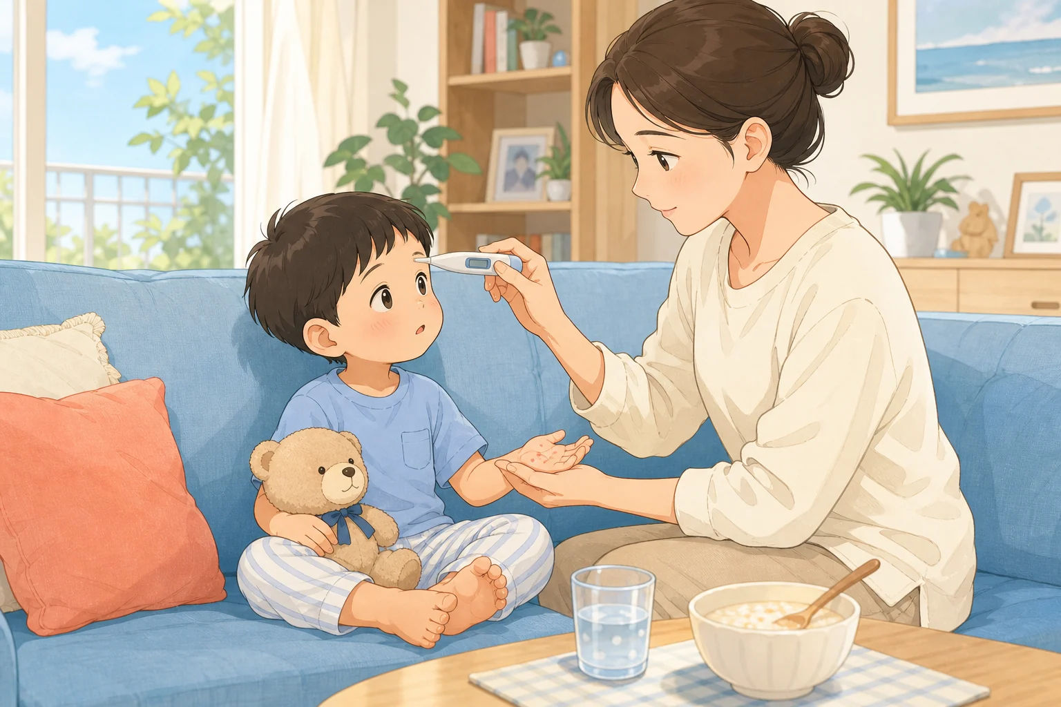 보호자가 손에 붉은 수포가 난 아이의 체온을 재며 상태를 살피고, 앞에 물과 부드러운 음식을 준비해 둔 모습의 일러스트