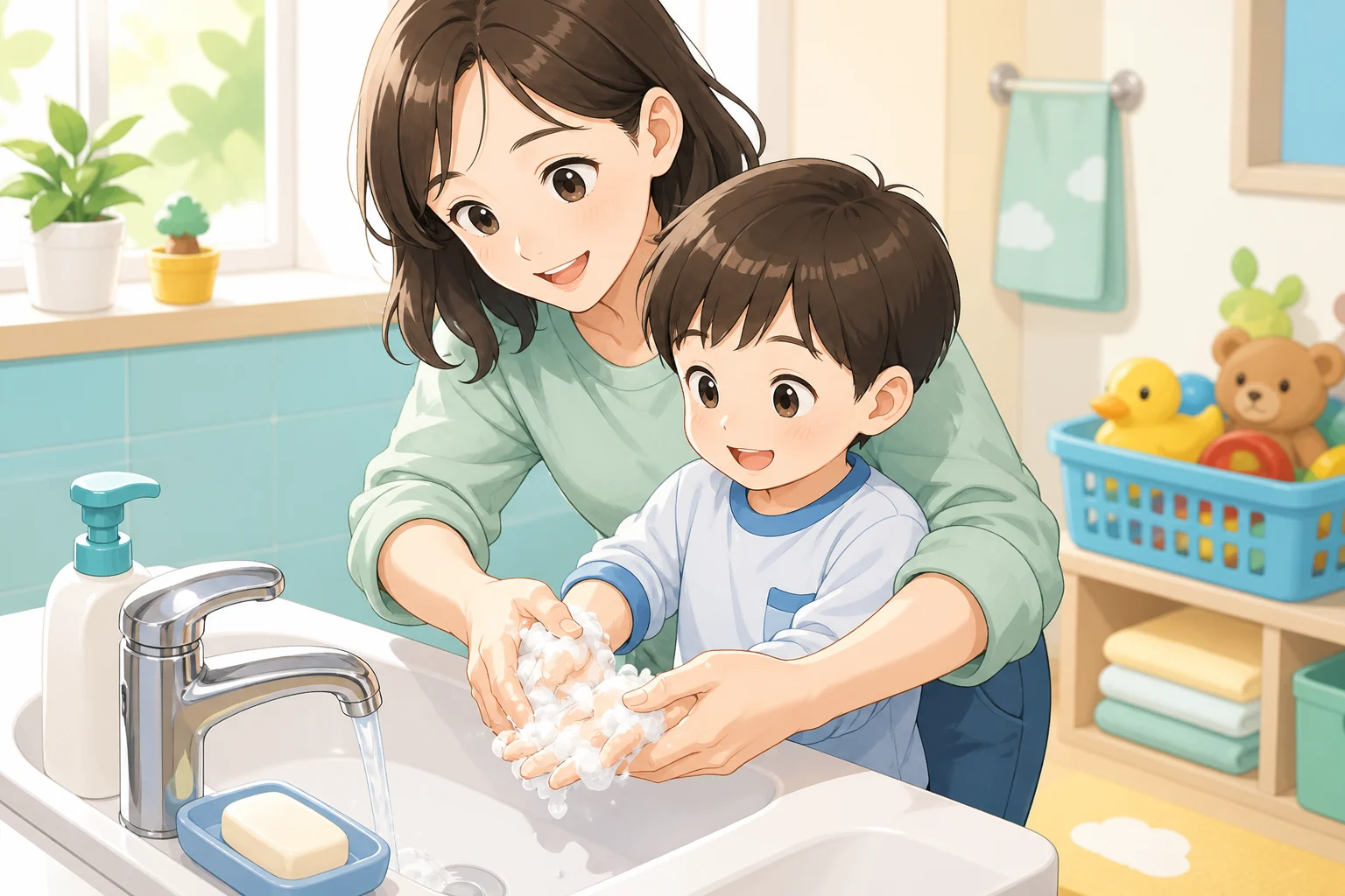 보호자가 세면대에서 아이와 함께 비누 거품을 충분히 내어 흐르는 물에 손을 씻는 모습의 일러스트