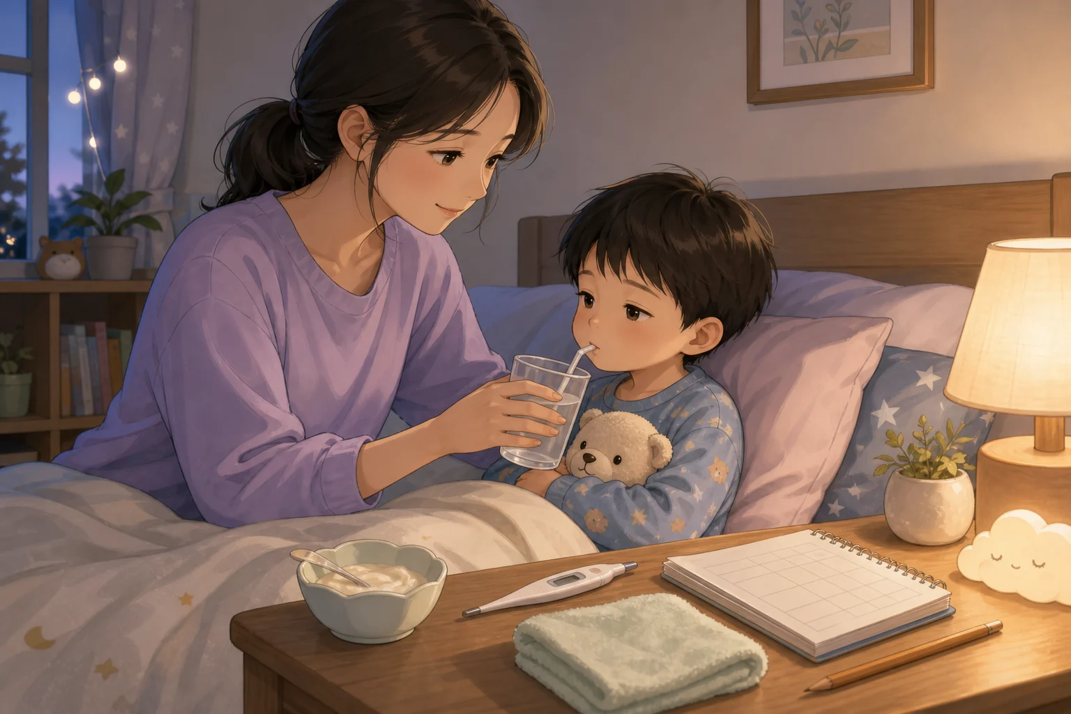 밤에 보호자가 침대에 앉은 아이에게 빨대로 물을 조금씩 먹이고, 옆에 체온계와 섭취 기록 노트를 둔 모습의 일러스트
